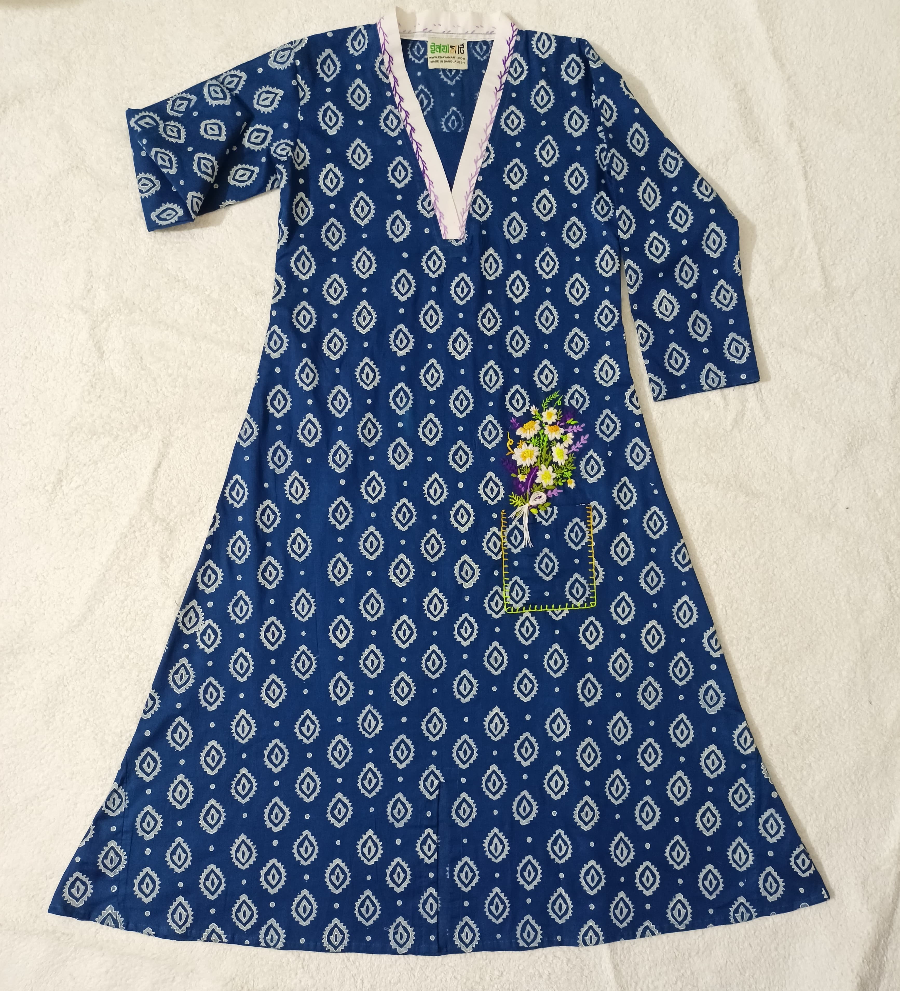 Royal Blue Embroidery Cotton Kurta for Girls