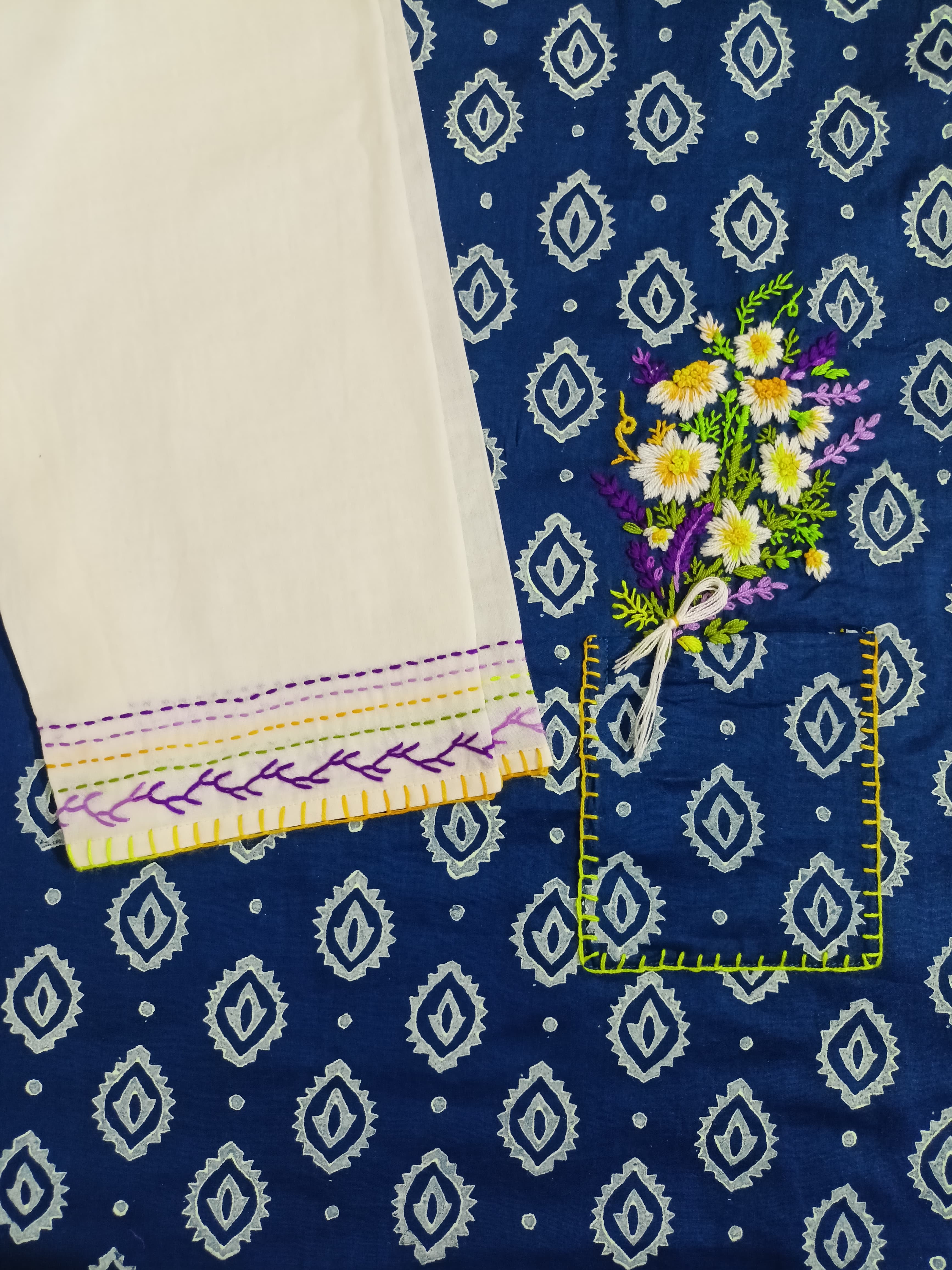 Royal Blue Embroidery Cotton Kurta for Girls thumbnail 2