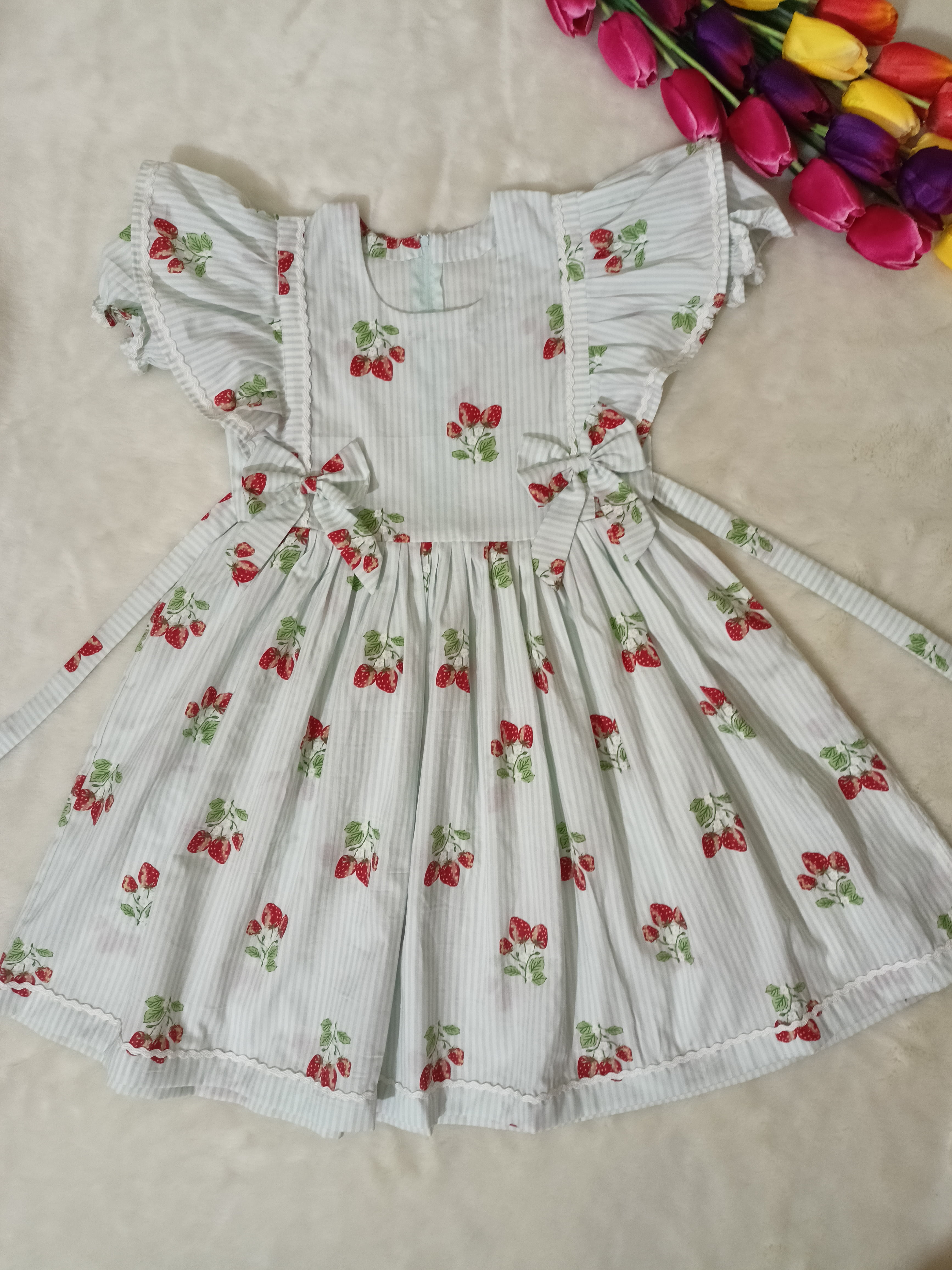 Greenish White Fruits Print China Cotton Baby Frock