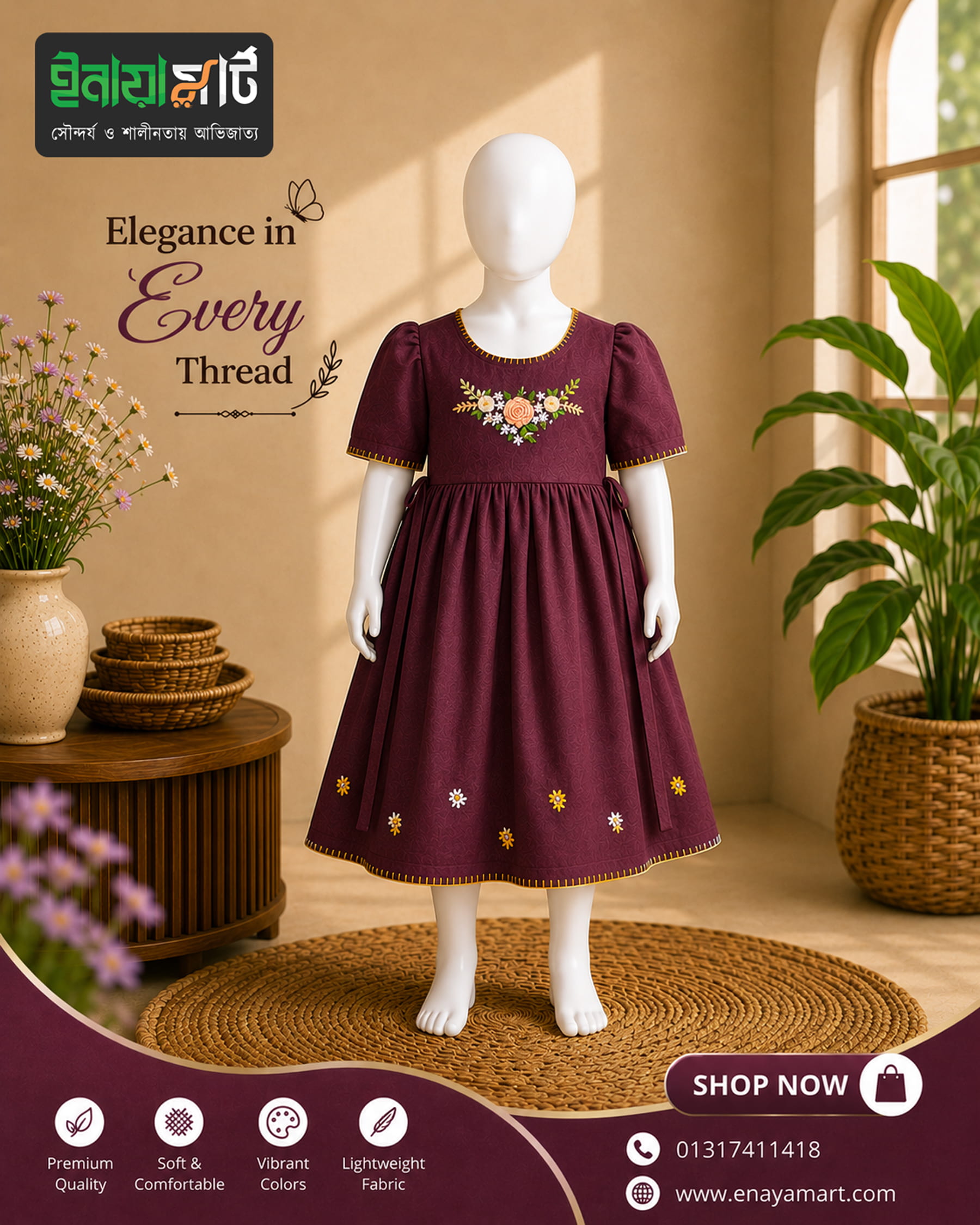 Premium Maroon Floral Embroidery Baby Frock